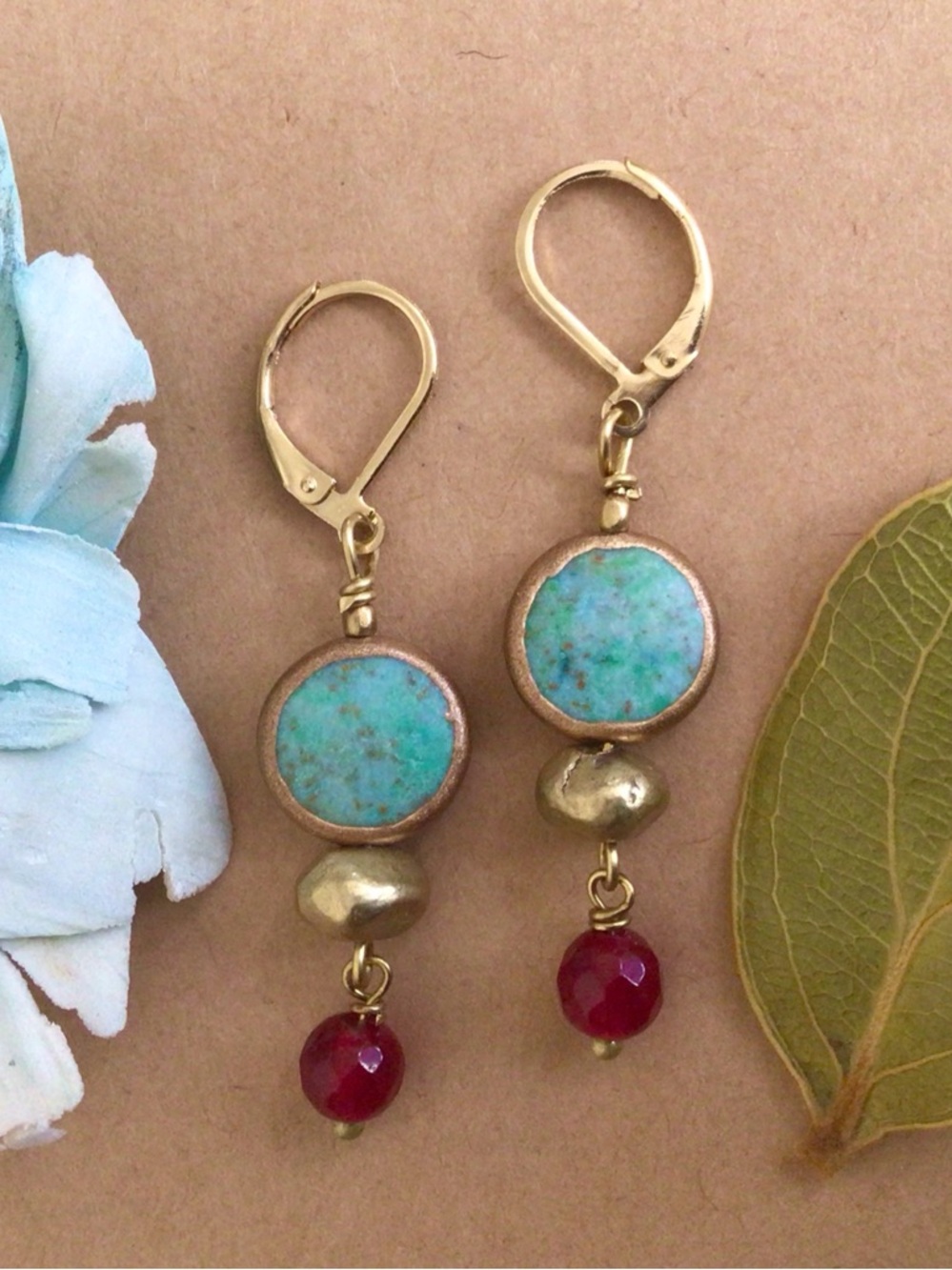 Gold Edge Turquoise Garnet Earrings Sundance Charm